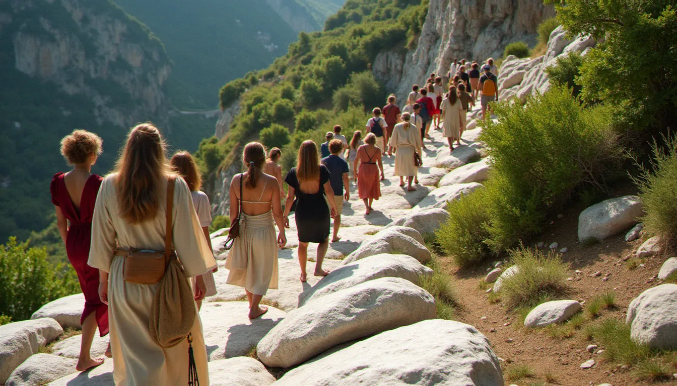 Groupe de pèlerins gravissant la colline des Apparitions du Podbrdo à Medjugorje, certains pieds nus sur les pierres calcaires, chapelet en main
