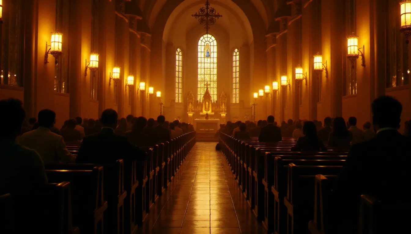 Intérieur de l'église Saint-Jacques de Medjugorje lors de la messe du soir, remplie de centaines de pèlerins internationaux dans une atmosphère recueillie