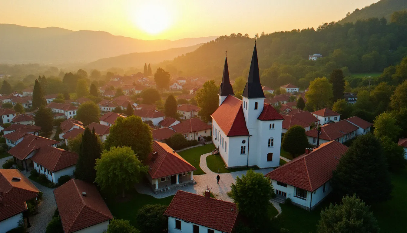 Vue aérienne du village de Medjugorje au coucher du soleil avec l'église Saint-Jacques, destination du pèlerinage Medjugorje 2019