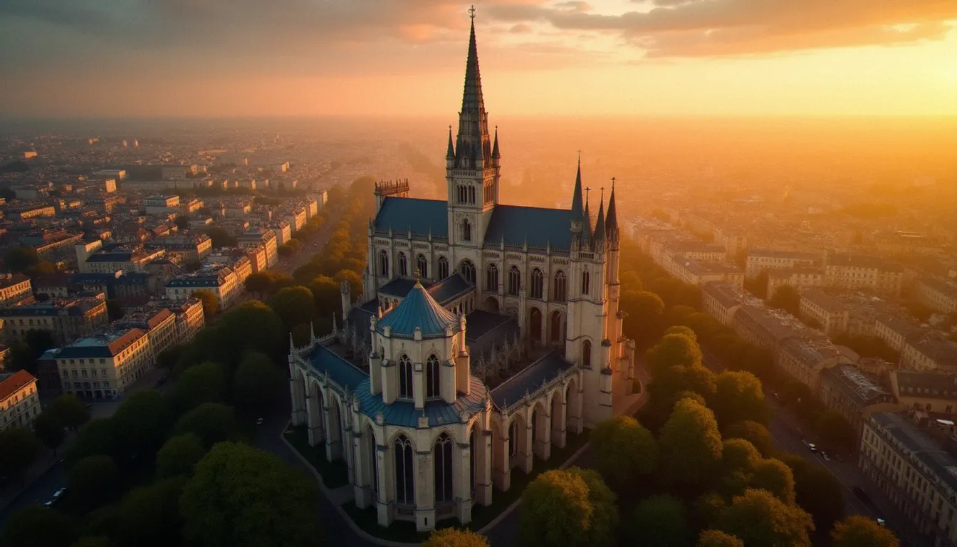 Vue aérienne de la basilique cathédrale de Saint-Denis à Paris au coucher du soleil, architecture gothique avec arcs-boutants et flèche, nécropole royale de France