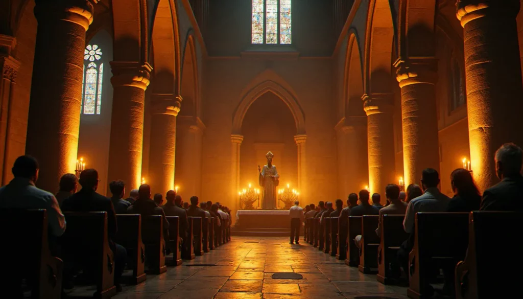 Statue de saint Denis évêque et martyr dans une église ancienne éclairée aux chandelles, fidèles en prière devant l'autel, architecture romane