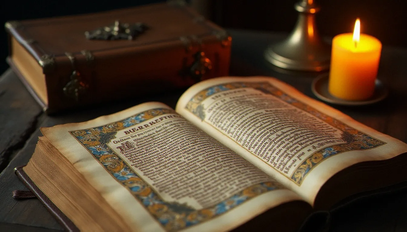 Manuscrit enluminé médiéval et Bible ancienne à la lueur d'une bougie en bronze, évoquant les siècles d'histoire du catholicisme en France