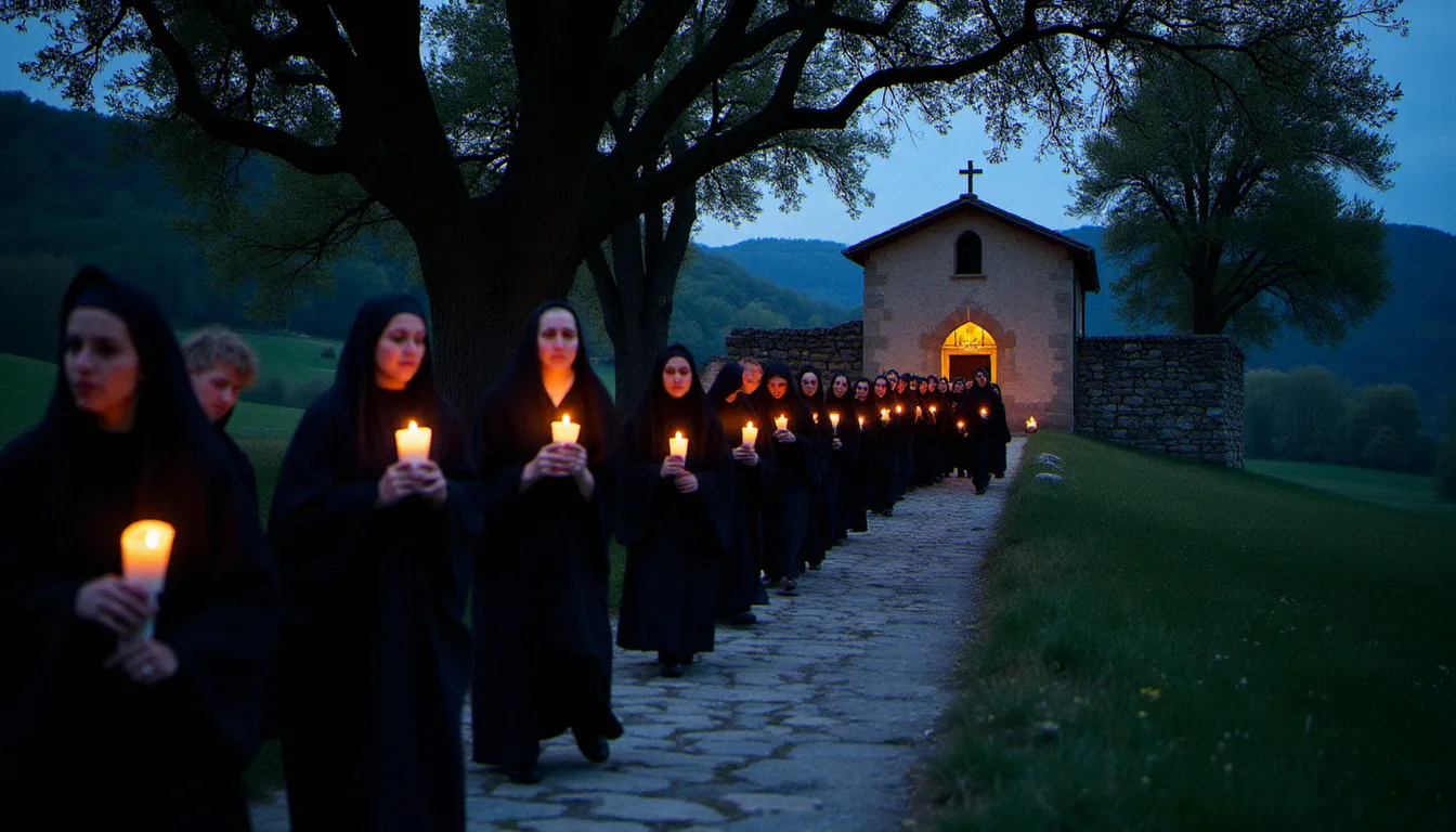 Procession de pèlerins catholiques portant des bougies vers une chapelle romane rurale au crépuscule, illustrant la pratique vivante de la religion catholique en France contemporaine