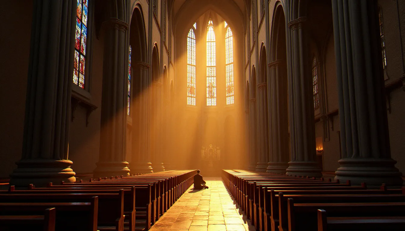 Intérieur d'une cathédrale gothique française baignée de lumière dorée à travers des vitraux colorés, représentant la religion catholique en France dans sa dimension spirituelle et architecturale