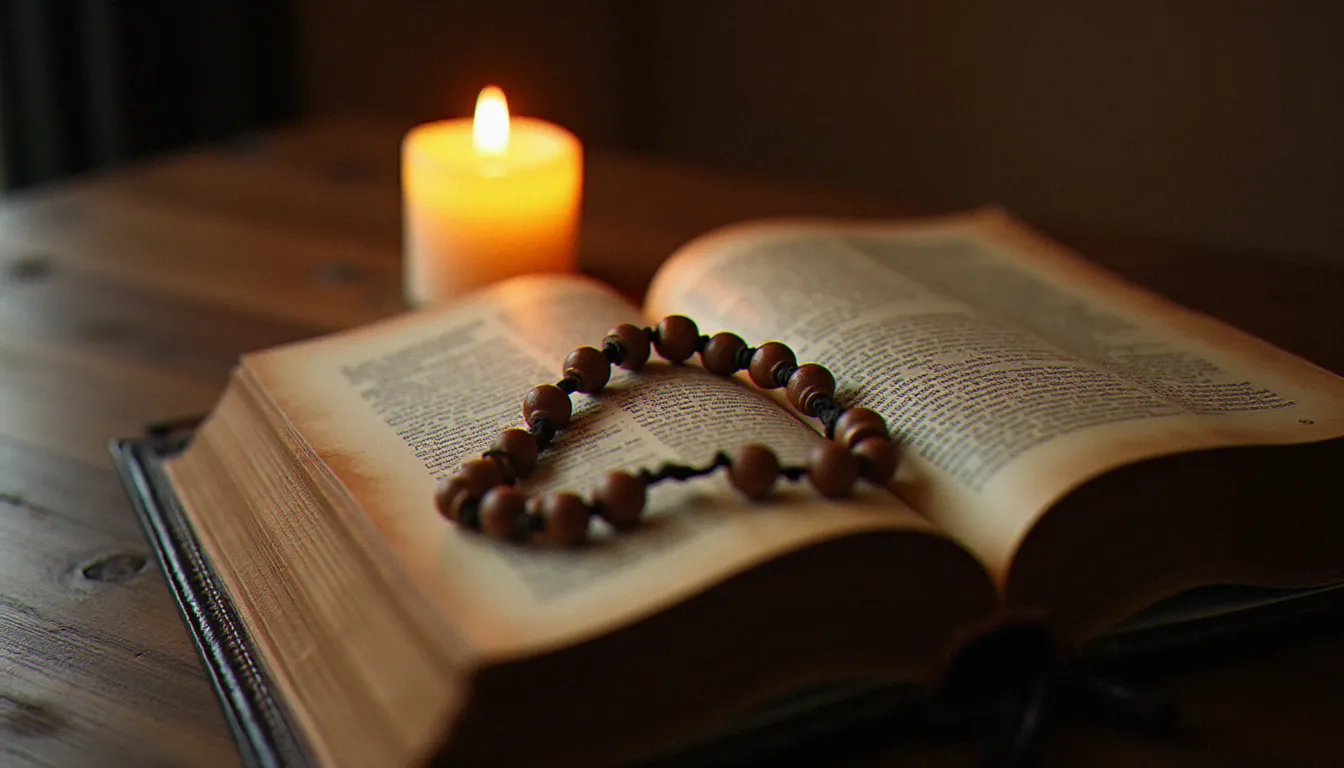 Bible ancienne ouverte avec chapelet posé sur les pages, à la lueur d'une bougie, illustrant les textes fondateurs et les croyances de la religion chrétienne
