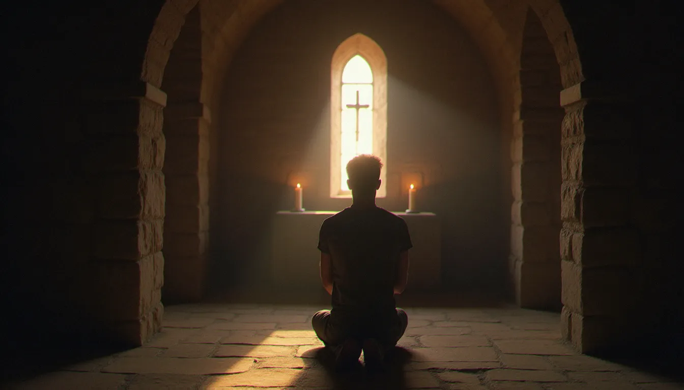 Personne en prière agenouillée dans une petite chapelle de pierre, mains jointes, lumière douce d'une fenêtre en arc, illustrant la prière au cœur de la vie chrétienne quotidienne