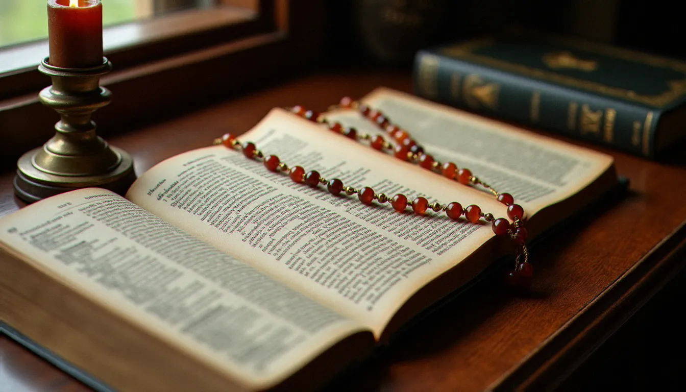 Bureau en bois ancien avec une Bible King James, un Book of Common Prayer et un chapelet, illustrant le vocabulaire et les ressources de la religion chrétienne en anglais