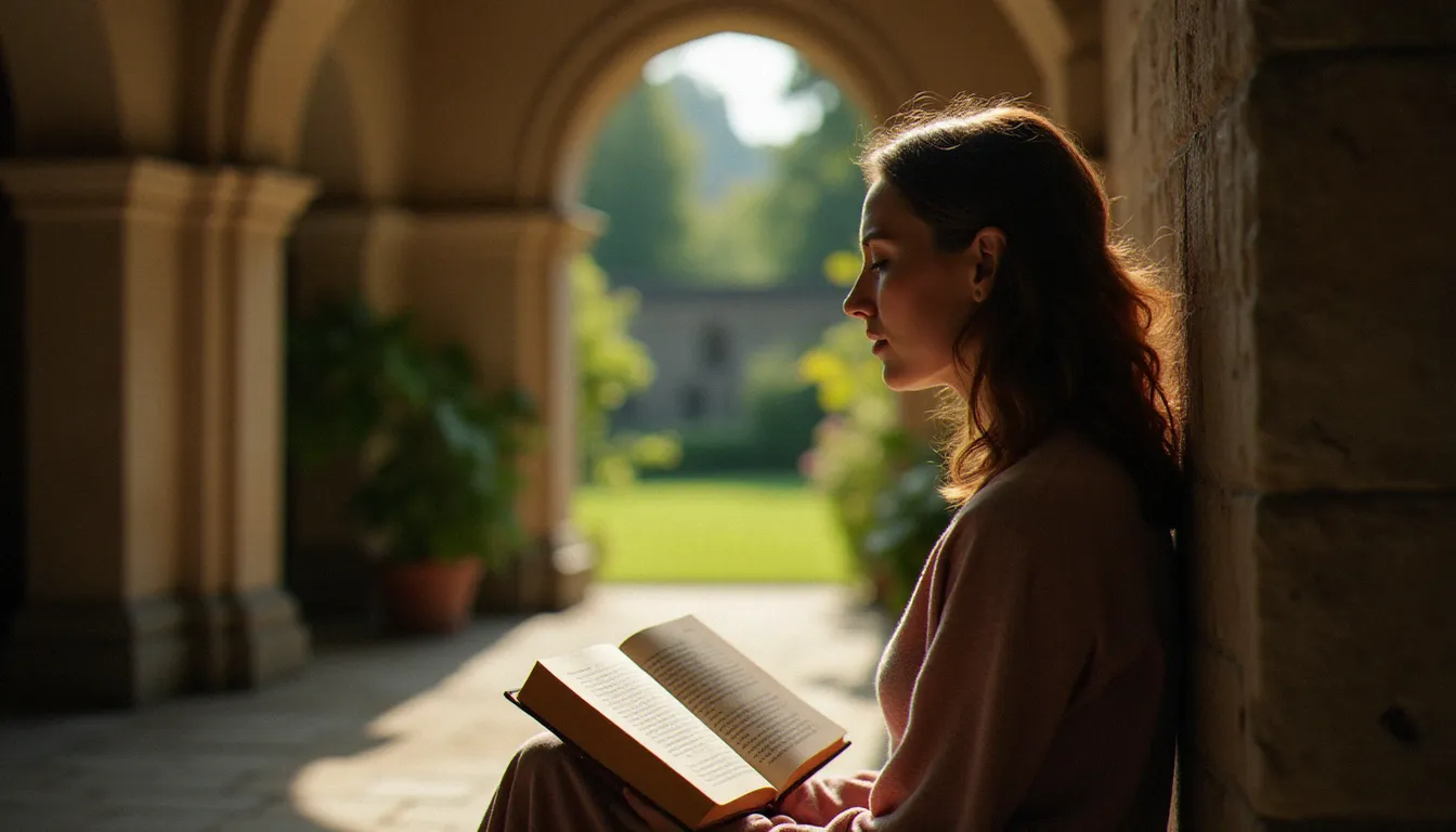 Femme en prière silencieuse dans un cloître ensoleillé, tenant un livre spirituel anglophone, évoquant la rencontre entre tradition francophone et ressources spirituelles de la religion chrétienne en anglais