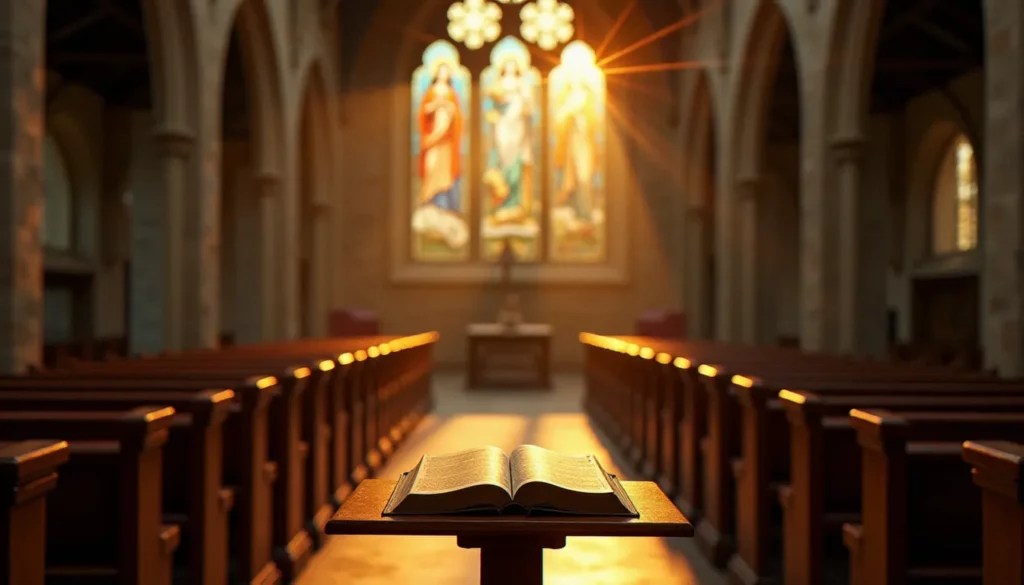 Intérieur d'une cathédrale en pierre éclairée par la lumière dorée de l'après-midi, illustrant la religion chrétienne en anglais dans un cadre liturgique contemplatif