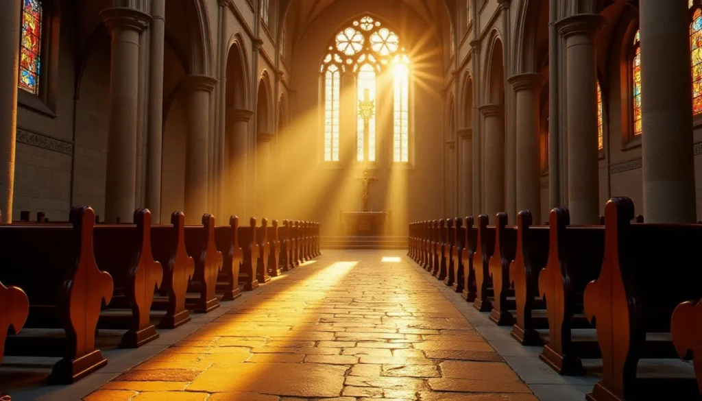 Intérieur d'une cathédrale chrétienne ancienne avec vitraux colorés et lumière dorée filtrant sur les bancs de bois, symbolisant la religion chrétienne et sa tradition spirituelle