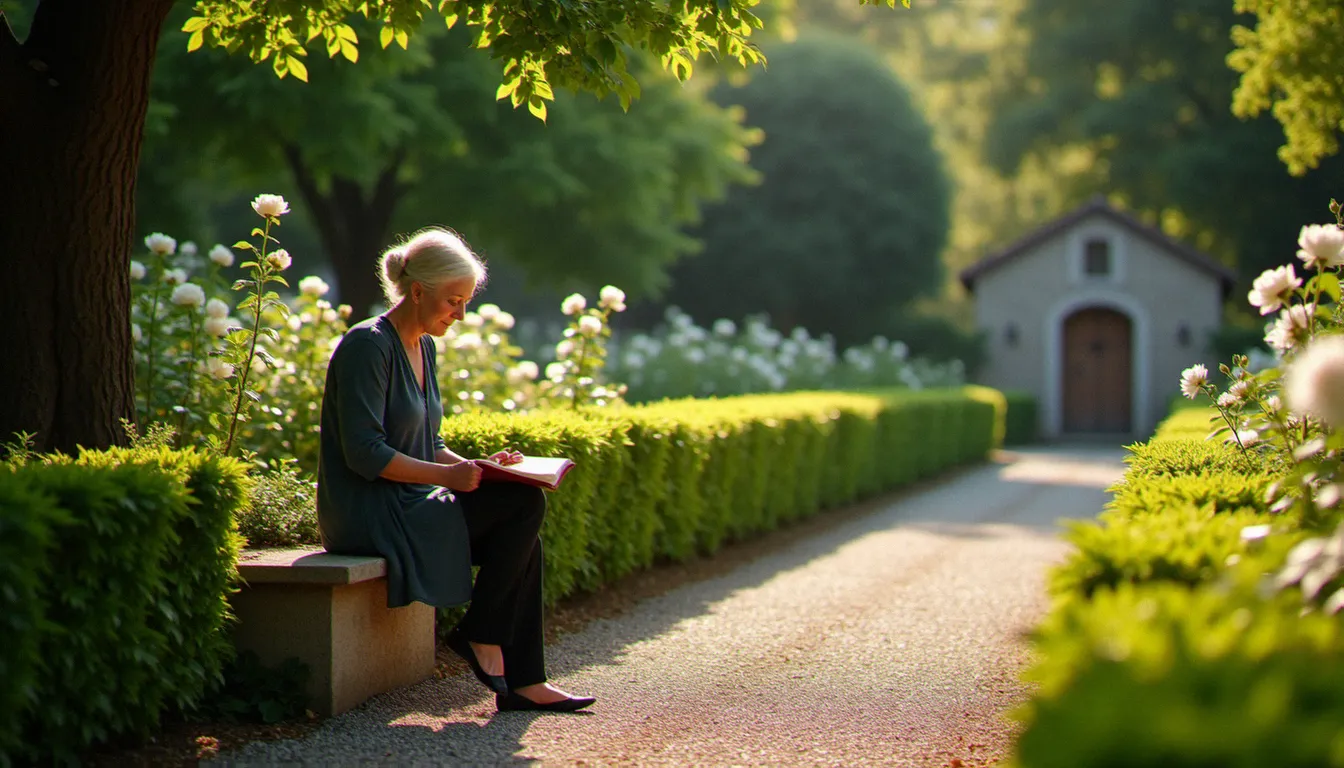 Femme en lectio divina dans un jardin monastique en juin pendant une retraite spirituelle