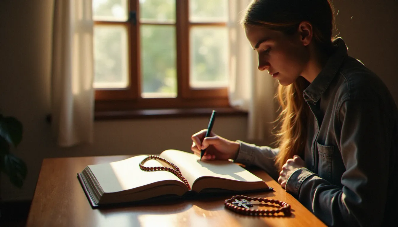 Personne rédigeant son journal spirituel à la fenêtre d'une chambre de maison de retraite en juin, avec chapelet et croix posés sur le bureau