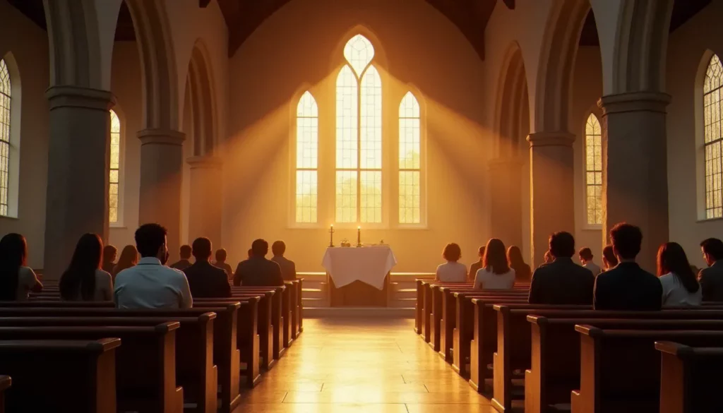 Intérieur d'une chapelle baignée de lumière de juin lors d'une retraite spirituelle, participants en prière silencieuse