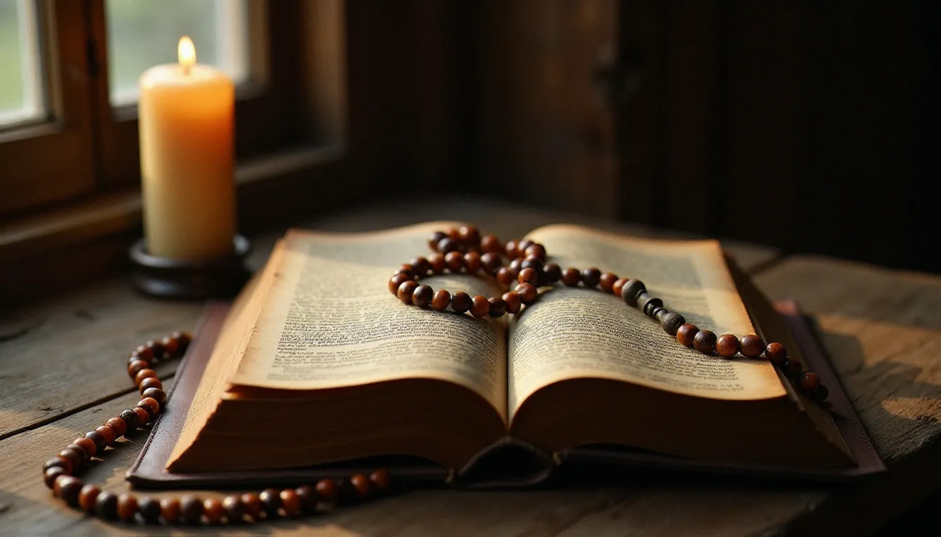 Bible ancienne ouverte avec un chapelet en bois et une bougie allumée sur une table, illustrant l'enracinement de la spiritualité chrétienne dans la tradition scripturaire
