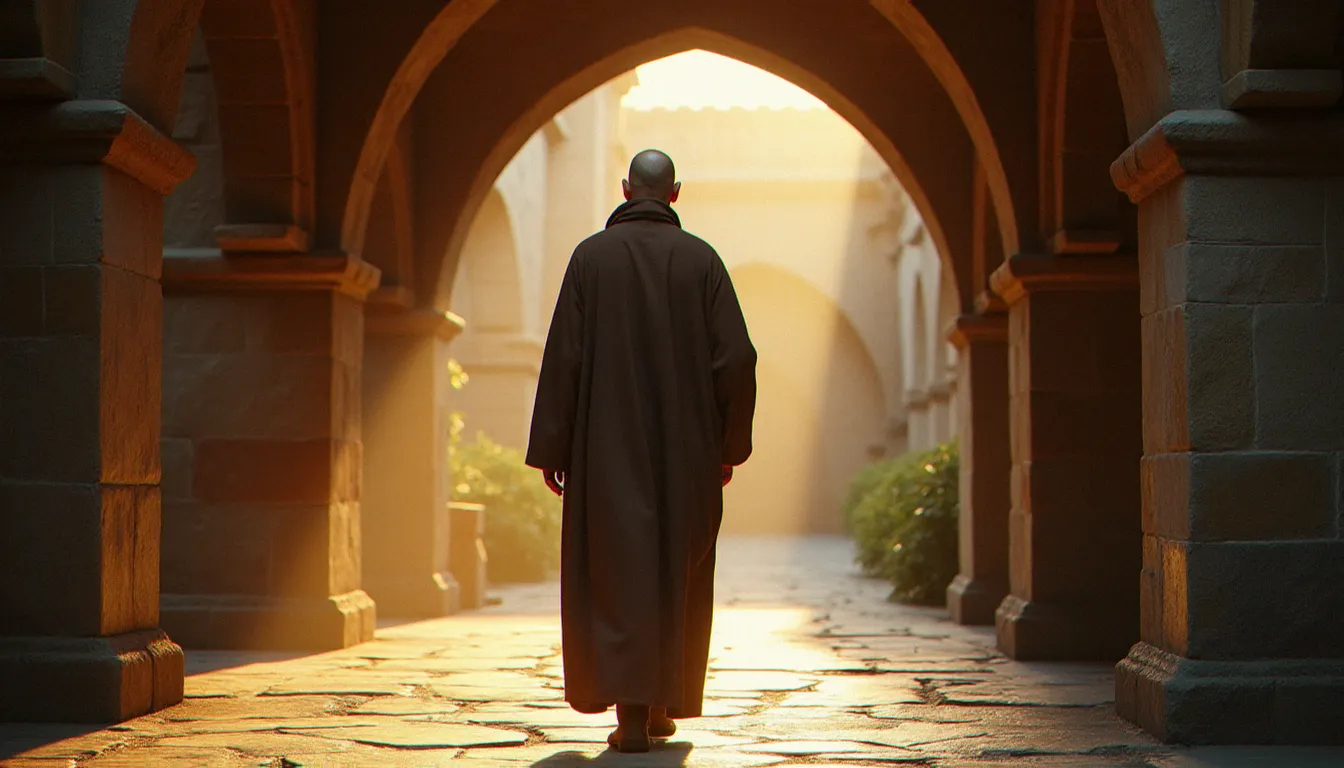 Moine en habit brun marchant dans le cloître d'un monastère à l'aube, évoquant la vie spirituelle contemplative vécue au quotidien