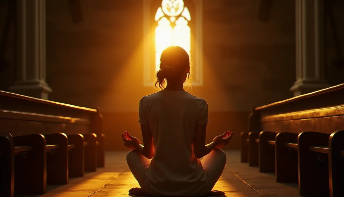 Femme en prière silencieuse dans une chapelle en pierre baignée de lumière dorée, évoquant la spiritualité intérieure chrétienne