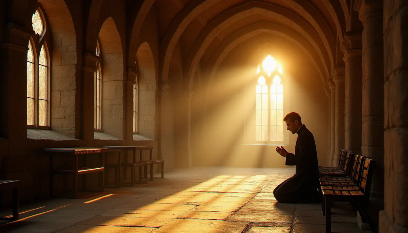 Intérieur d'une abbaye romane baigné de lumière dorée avec un moine bénédictin en prière silencieuse, évoquant les grandes figures fondatrices de la spiritualité latine