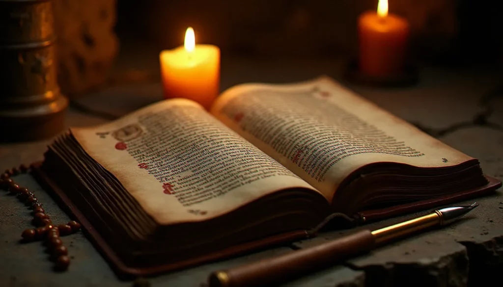 Manuscrit latin enluminé ouvert sur un pupitre de scriptorium monastique éclairé à la bougie, illustrant la richesse et l'ancienneté de la spiritualité latine chrétienne