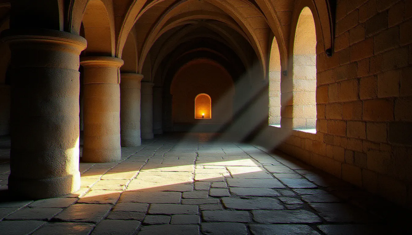 Couloir de cloître monastique en pierre ancienne avec une lampe à huile, évoquant les traditions mystiques chrétiennes accessibles aux chercheurs libres