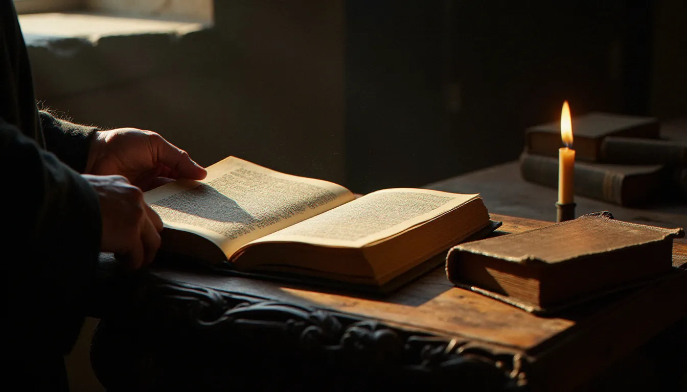 Les mains d'un moine étudiant un manuscrit enluminé dans un scriptorium, évoquant la richesse et la profondeur des différentes écoles de spiritualité chrétienne