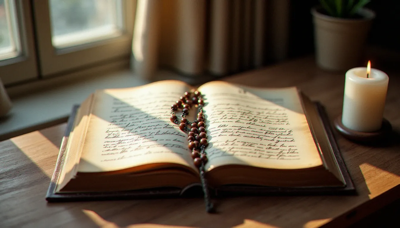 Livre de méditation spirituelle ouvert avec un chapelet posé dessus, évoquant la préparation quotidienne des 33 jours de consécration