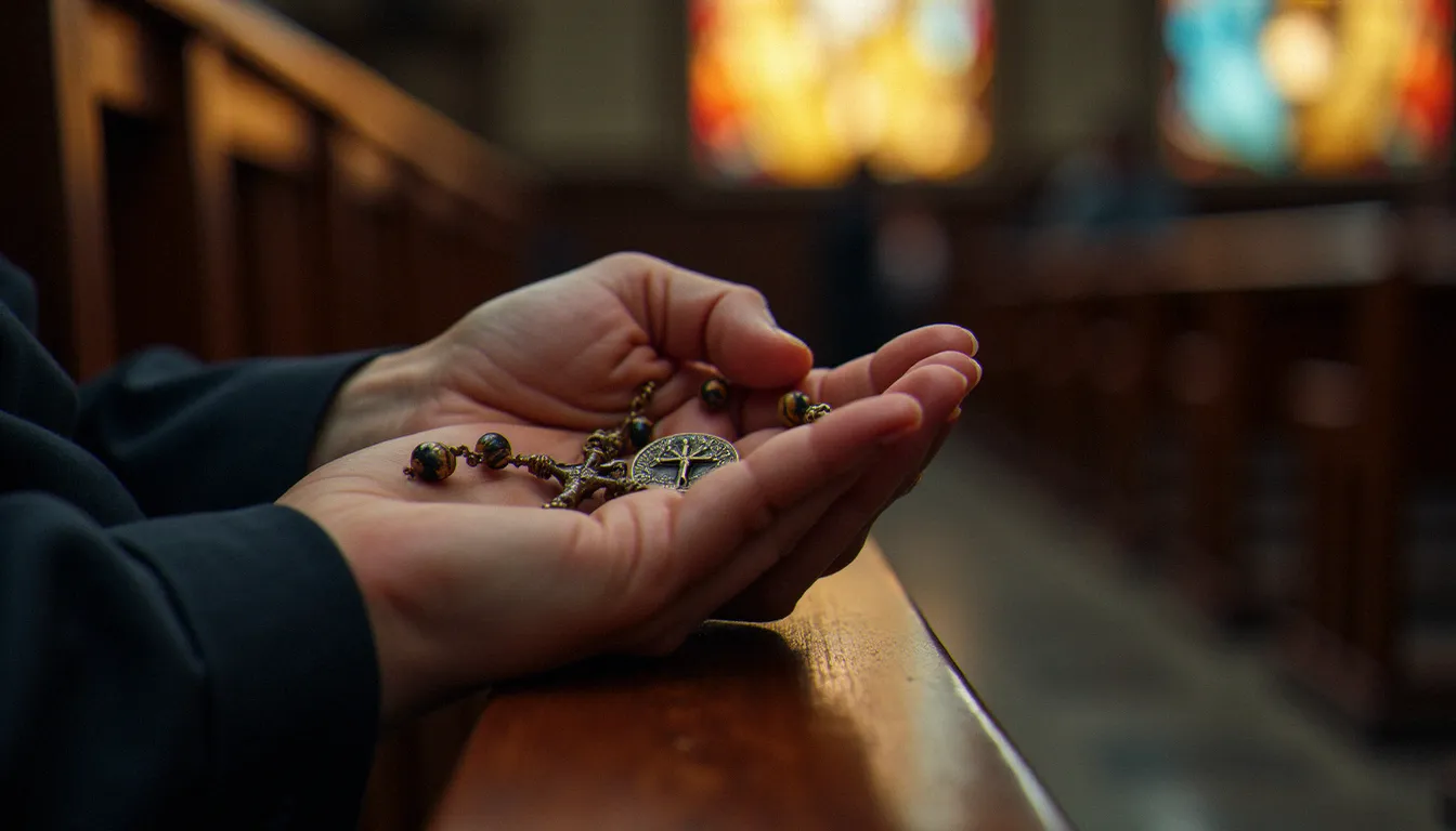 Mains tenant un chapelet avec une médaille miraculeuse lors d'un moment de prière mariale dans une église