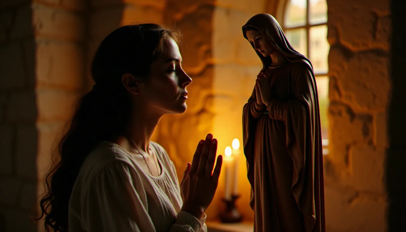 Femme en prière devant une statue de la Vierge Marie dans une chapelle, illustrant la consécration à Jésus par Marie