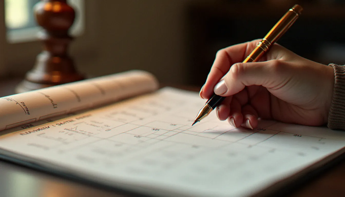Main féminine remplissant à la plume un calendrier mensuel vierge sur un bureau, avec un livre liturgique en arrière-plan