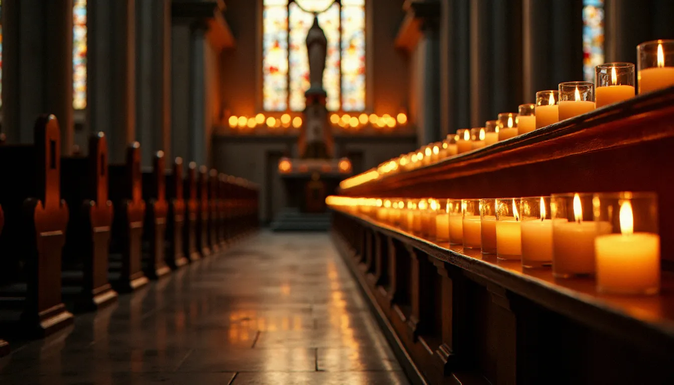 Intérieur d'une église catholique en novembre avec des bougies votives allumées devant une statue de la Vierge Marie dans une lumière d'après-midi automnale