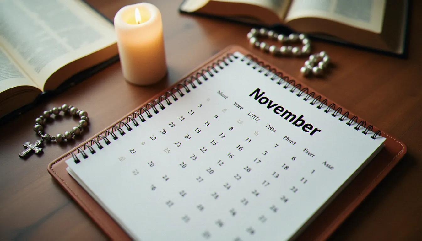 Calendrier novembre vierge posé sur un bureau en bois avec un chapelet et une bougie allumée, évoquant une pratique de planification spirituelle