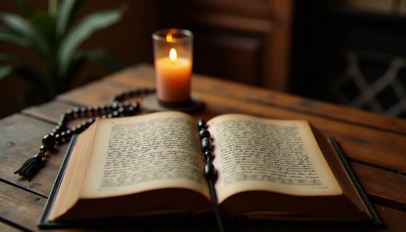Journal de retraite spirituelle ouvert avec chapelet et bougie dans une chambre d'hôte monastique, symbolisant le discernement et le choix d'une retraite