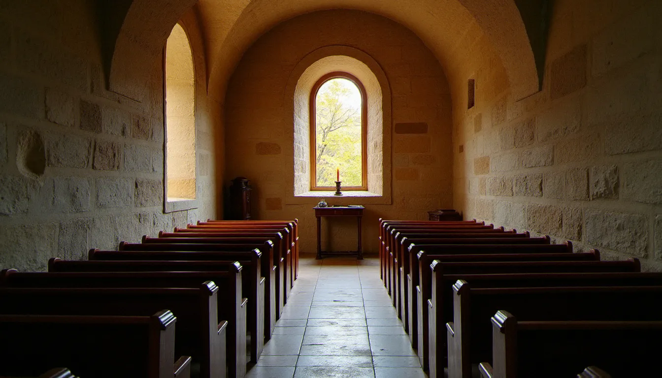 Chapelle monastique silencieuse en France évoquant un temps de retraite spirituelle avec lumière du matin, lieu de calendrier retraite 2019