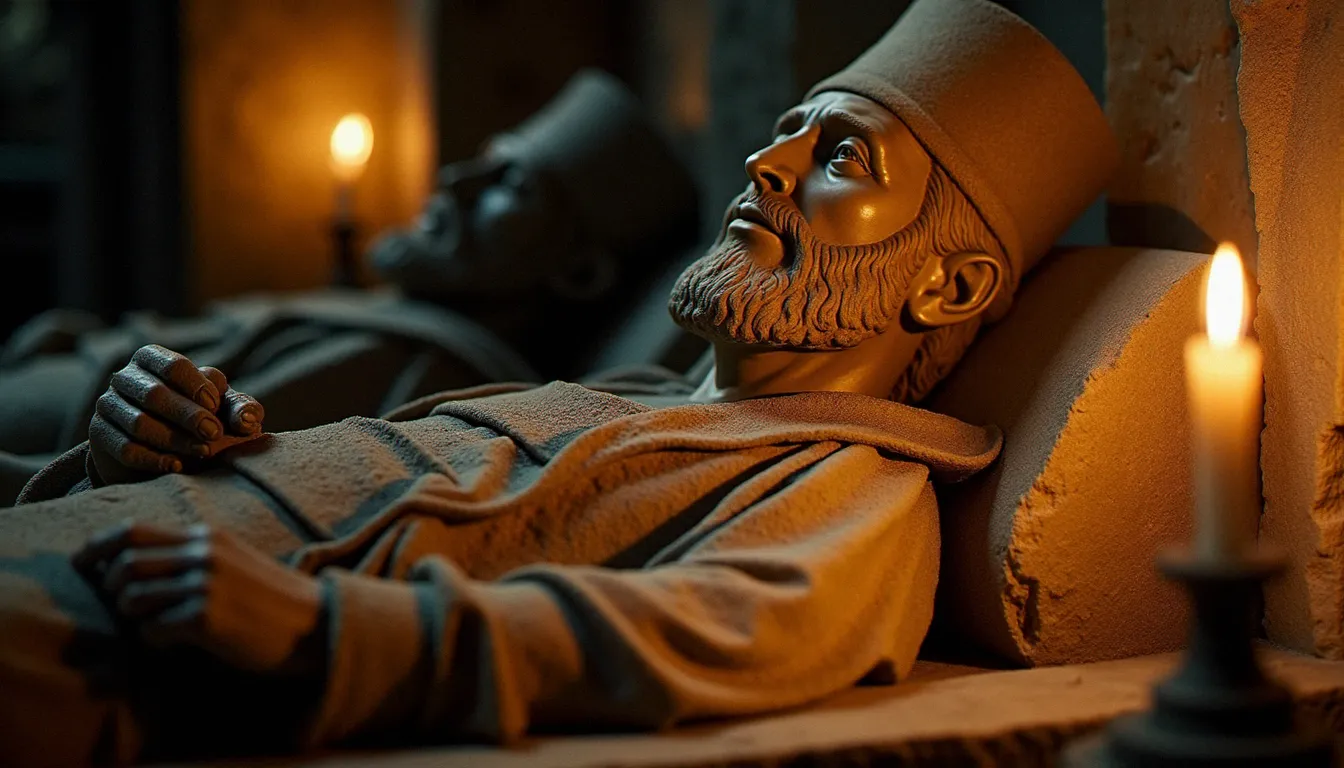 Gisant médiéval sculpté d'un évêque dans la crypte de la basilique de Saint-Denis, pierre calcaire et lumière de cierge