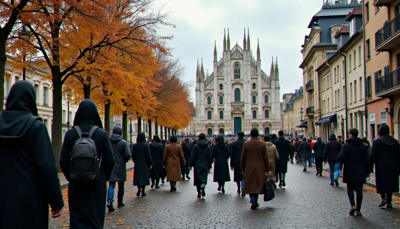 Pèlerins contemporains cheminant vers la basilique de la cité Saint Denis lors d'une journée de pèlerinage en automne