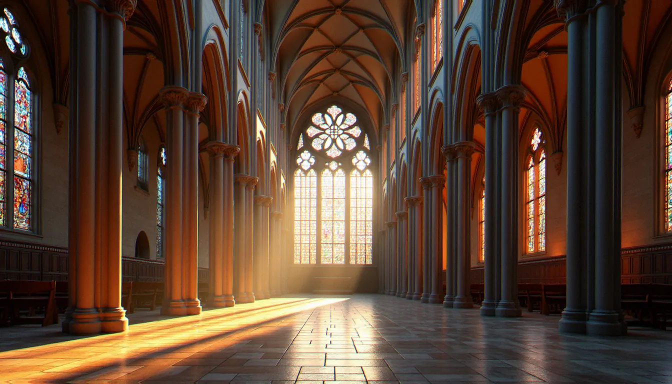 La nef gothique de la basilique cathédrale de la cité Saint Denis baignée par la lumière des vitraux médiévaux