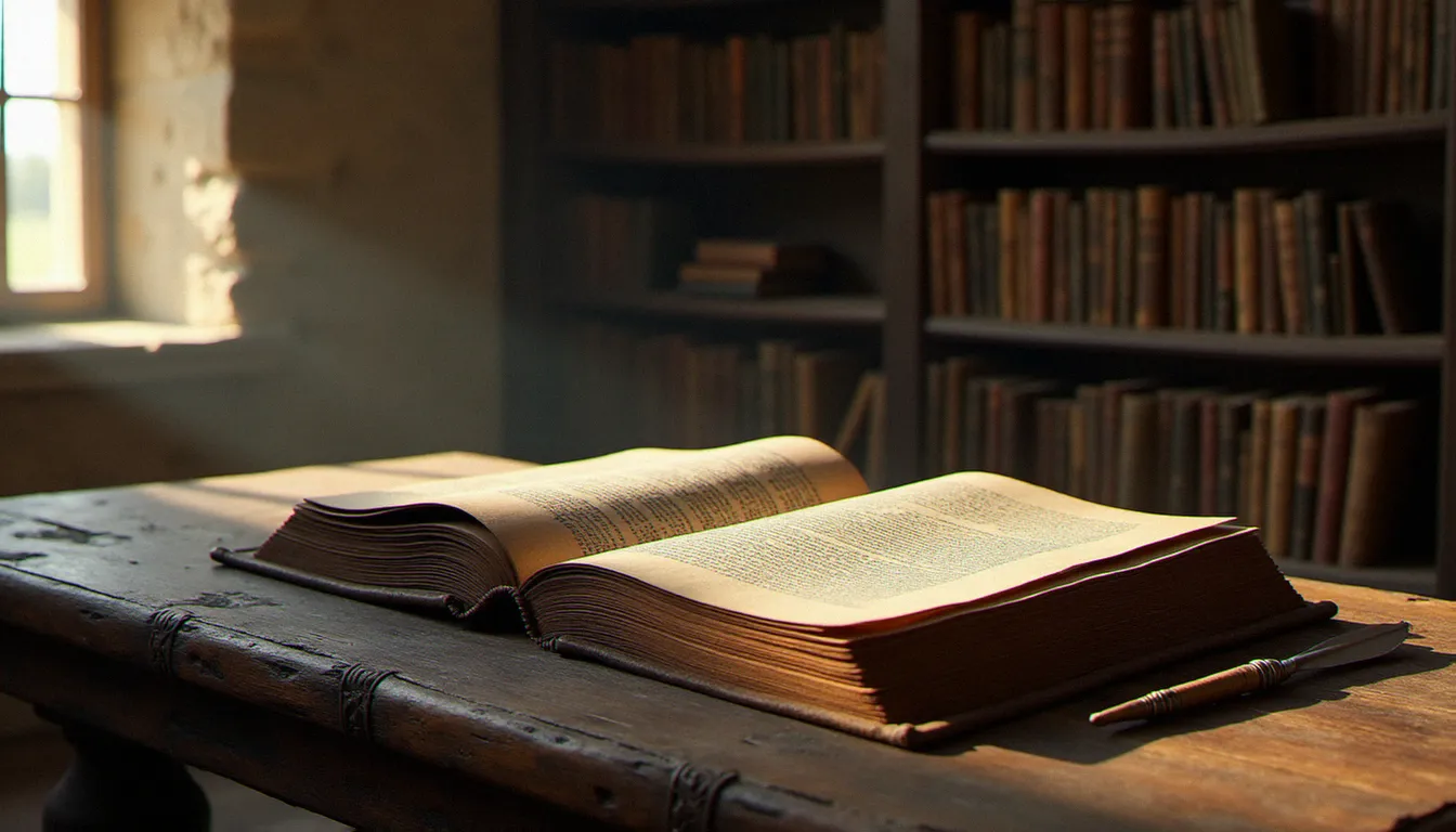 Ancienne bibliothèque monastique française du XVIIe siècle avec des manuscrits religieux ouverts évoquant les écrits de saint Jean Eudes sur le Cœur de Marie