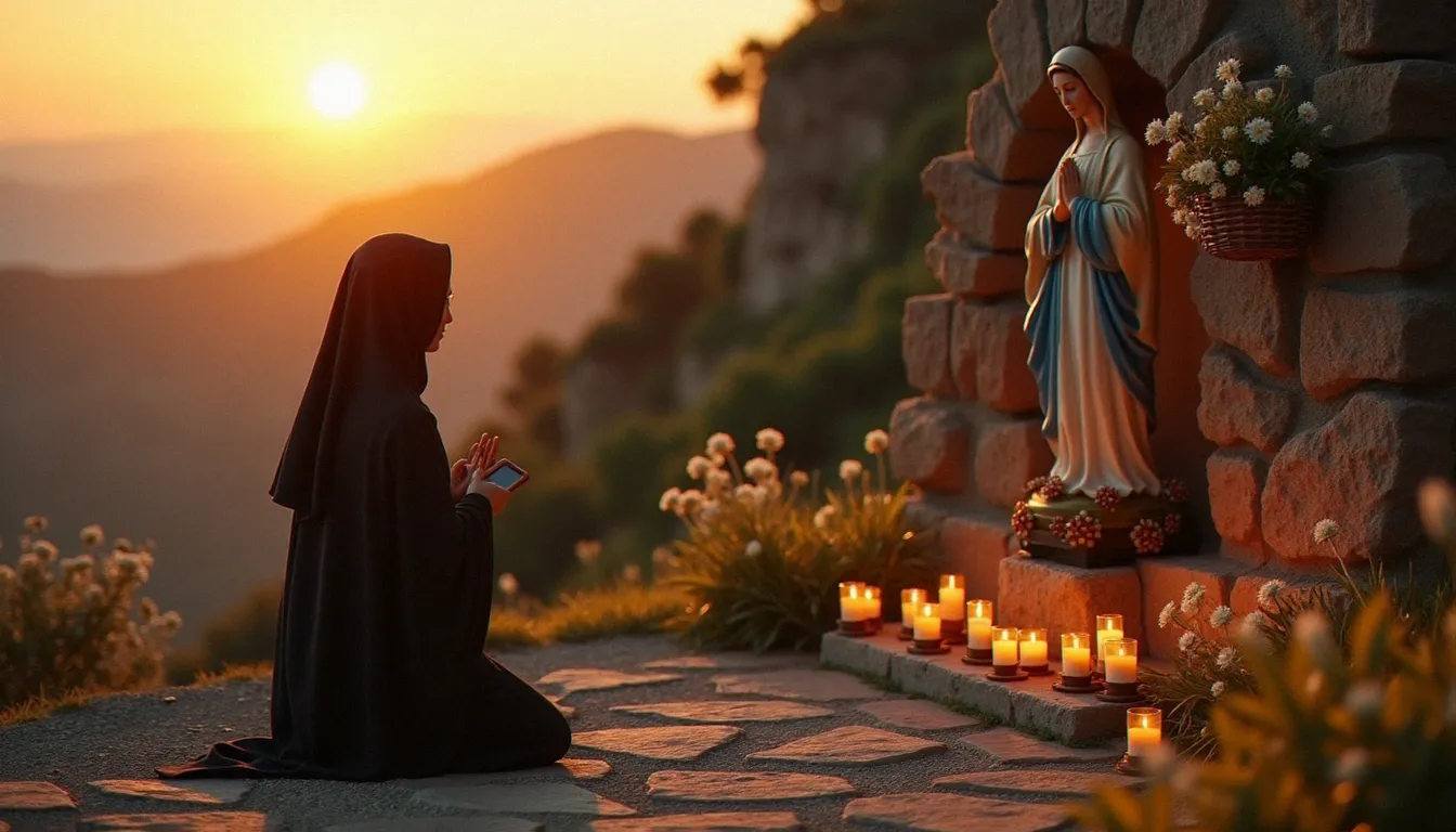 Pèlerine en prière devant un sanctuaire marial à l'aube, illustrant la pratique de la dévotion au Cœur Immaculé de Marie dans la tradition de Fatima