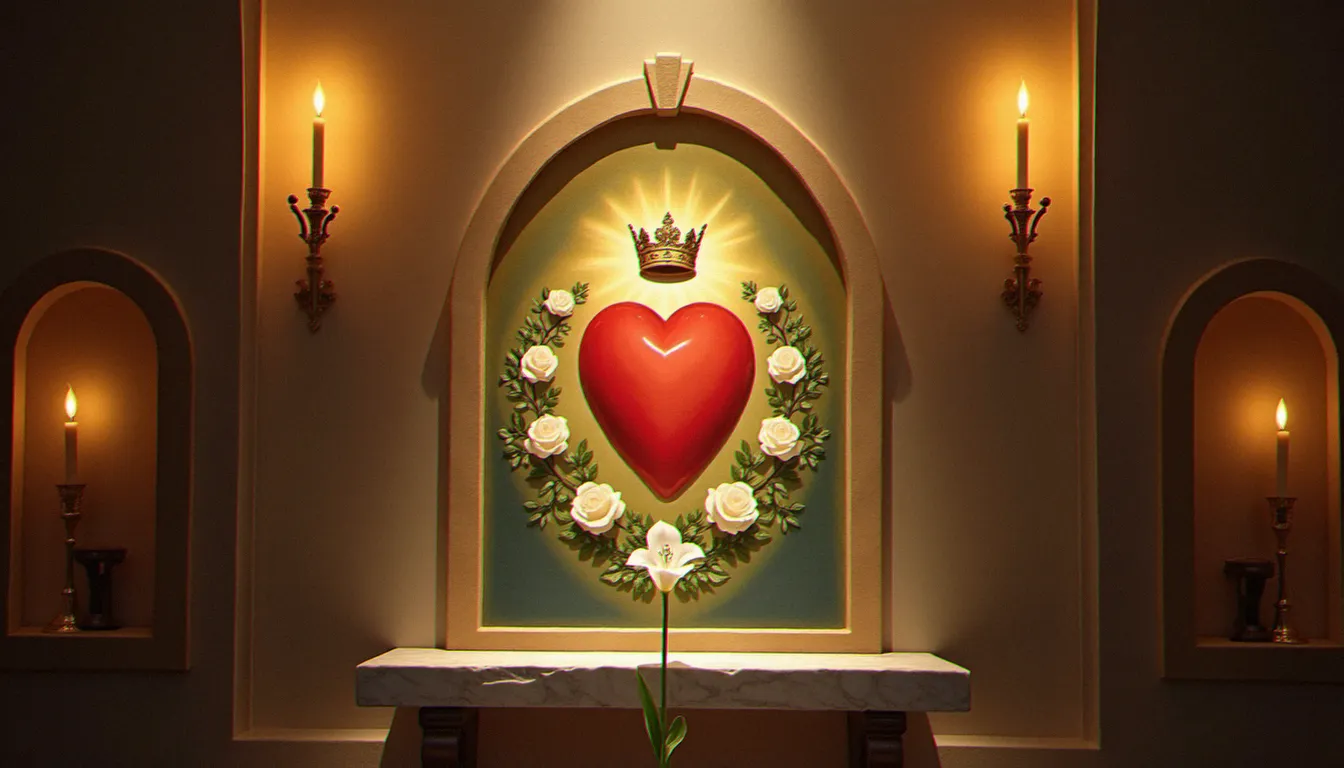 Représentation du Cœur Immaculé de Marie dans une chapelle catholique éclairée à la bougie, entouré de roses blanches symbolisant la pureté de Marie