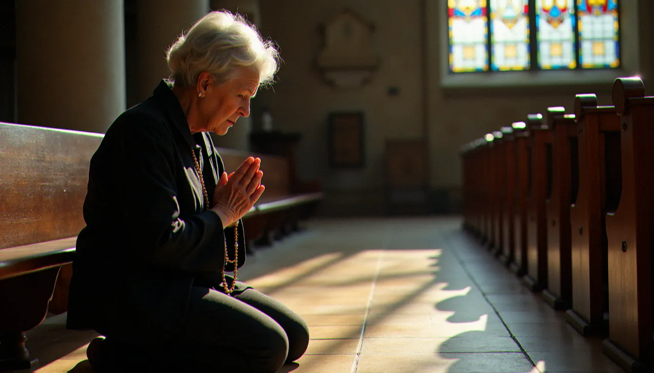 Femme âgée en prière dans une église de pierre, tenant un chapelet entre ses mains jointes, lumière tamisée d'un vitrail coloré