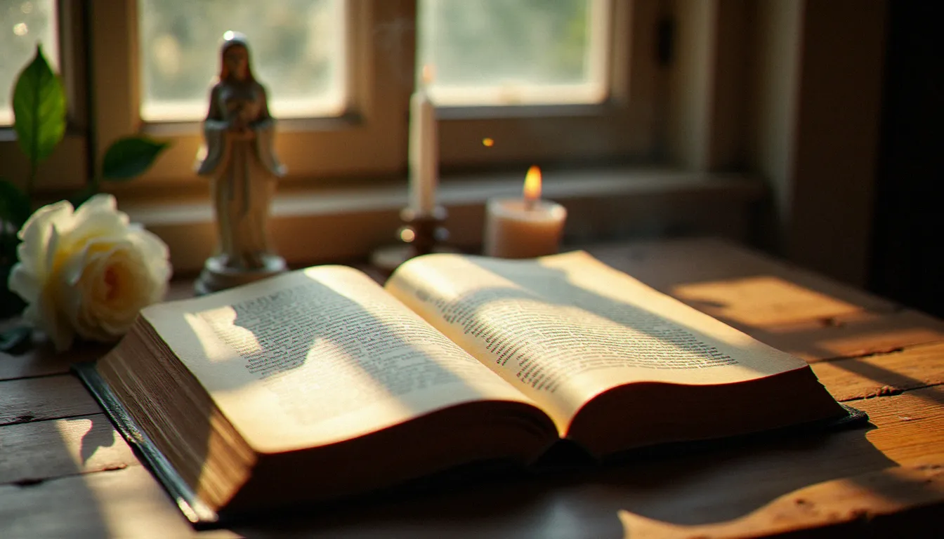 Livre de prières ancien ouvert sur une table en bois, à côté d'une statuette de la Vierge Marie, d'une bougie allumée et d'une rose blanche dans une lumière matinale dorée
