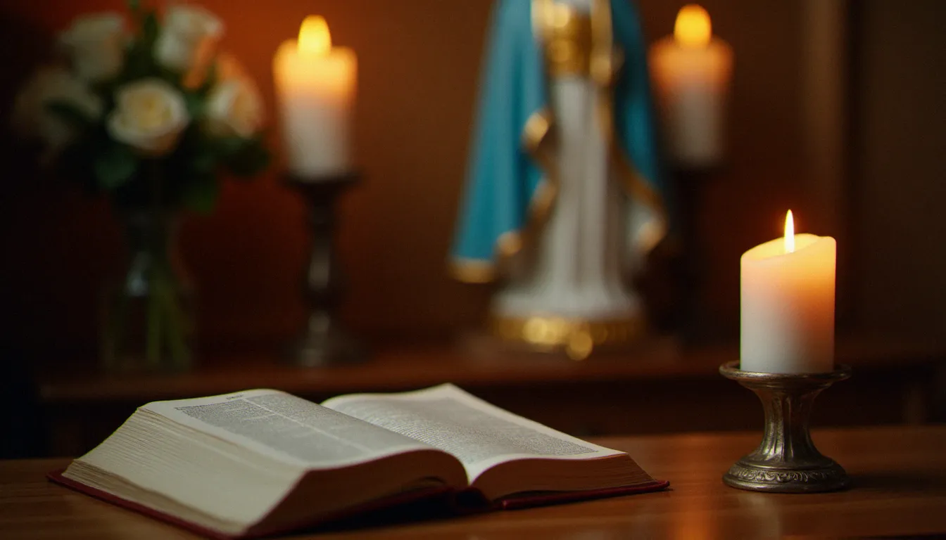 Chapelle catholique au crépuscule avec un prie-Dieu, un livre de prières ouvert et une statue de la Vierge Marie symbolisant la prière au Cœur Immaculé de Marie