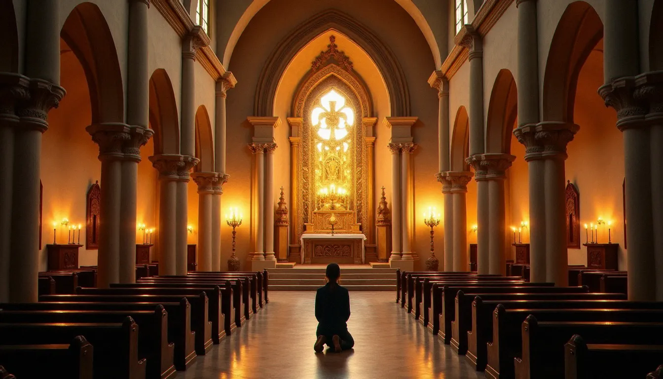 Intérieur de la chapelle de la Visitation à Paray-le-Monial, lieu des apparitions du Cœur Sacré à sainte Marguerite-Marie Alacoque, éclairé à la bougie