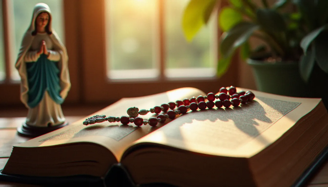 Chapelet posé sur un livre de prières ancien à côté d'une statuette de Notre-Dame de Fatima, évoquant la pratique des cinq premiers samedis liée au Cœur Immaculé de Marie