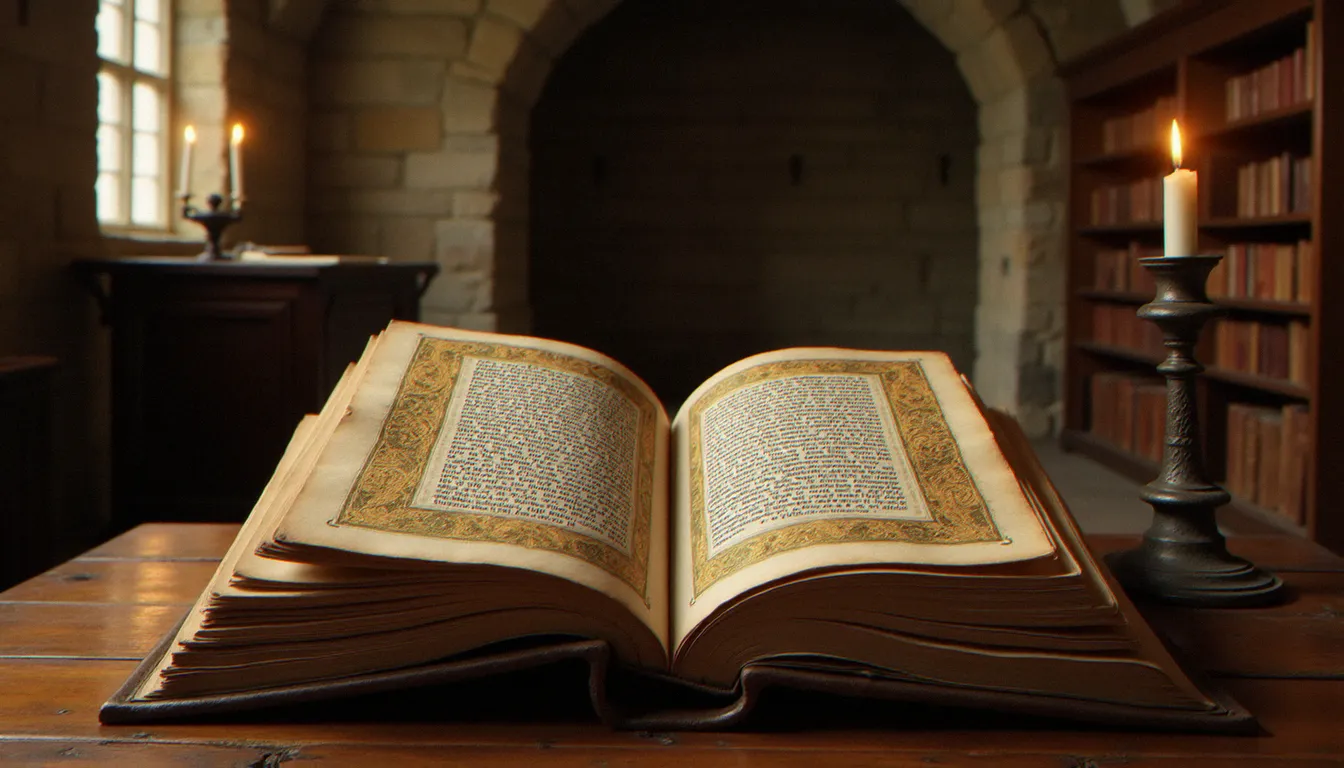 Manuscrit enluminé médiéval ouvert sur un lutrin en bois dans une bibliothèque monastique, évoquant les écrits patristiques sur le cœur de Marie