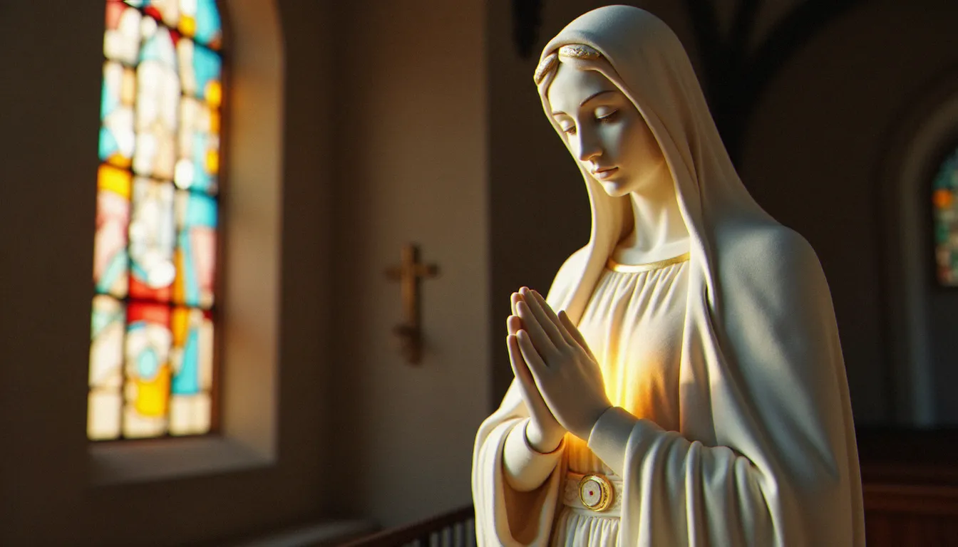 Statue de la Vierge Marie en prière dans une chapelle, évoquant le cœur sacré de Marie par un halo lumineux discret sur sa poitrine