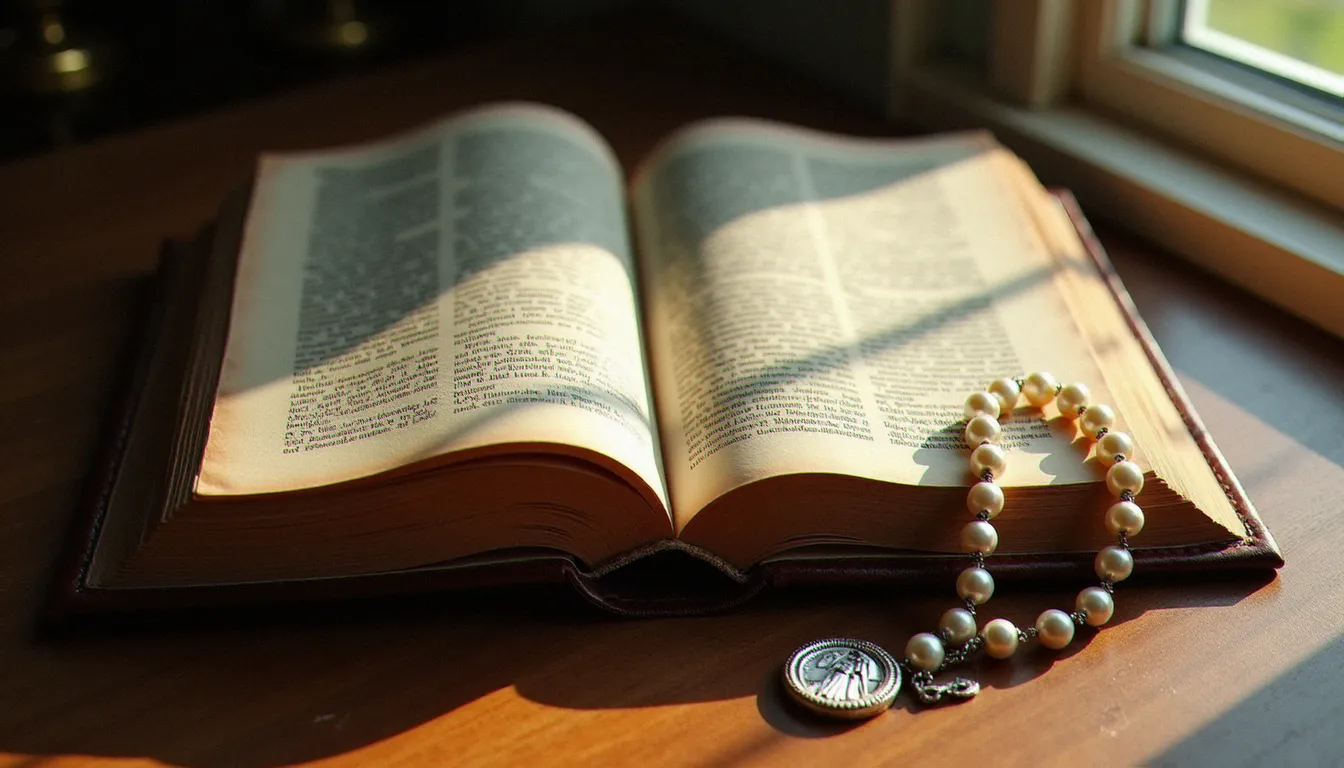 Ancien livre de prières ouvert posé sur une table en bois avec un chapelet en perles blanches et une médaille miraculeuse argentée, évoquant les origines historiques de la dévotion mariale