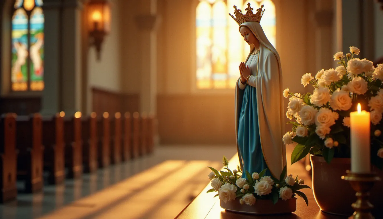 Statue de Marie Reine Immaculée couronnée dans une chapelle catholique, entourée de fleurs blanches et de cierges allumés, illustrant la dévotion à la communion marie reine immaculée