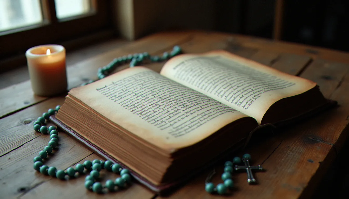 Ancien livre de dévotion mariale ouvert sur une table en bois, évoquant le Traité de la vraie dévotion de Grignion de Montfort
