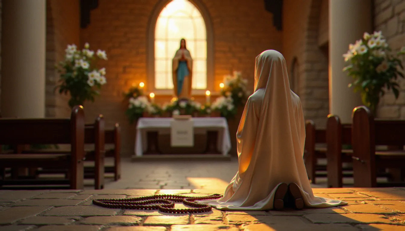 Fidèle en prière devant une statue de la Vierge Marie dans une chapelle ancienne, lors d'une consécration à Marie selon Grignion de Montfort