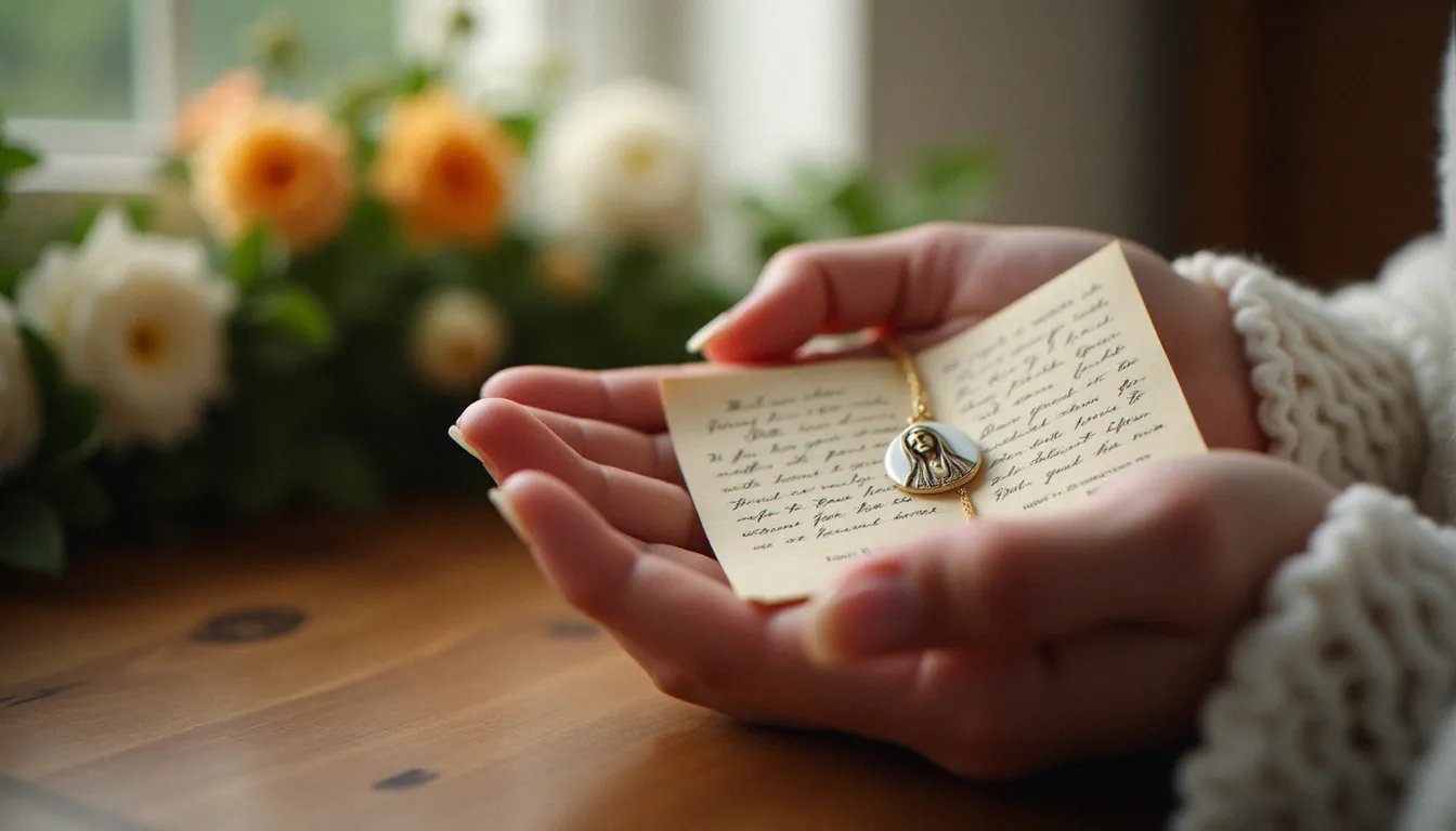 Des mains tenant une médaille mariale et une prière de consécration manuscrite, symbolisant le renouvellement quotidien de la consécration à Marie après l'acte solennel